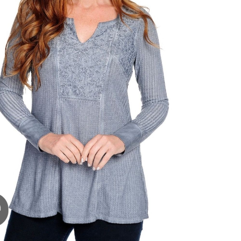 OneWorld Y2K Waffle Knit Thermal Lace Oil Washed Long Sleeve Notch Neck Top M